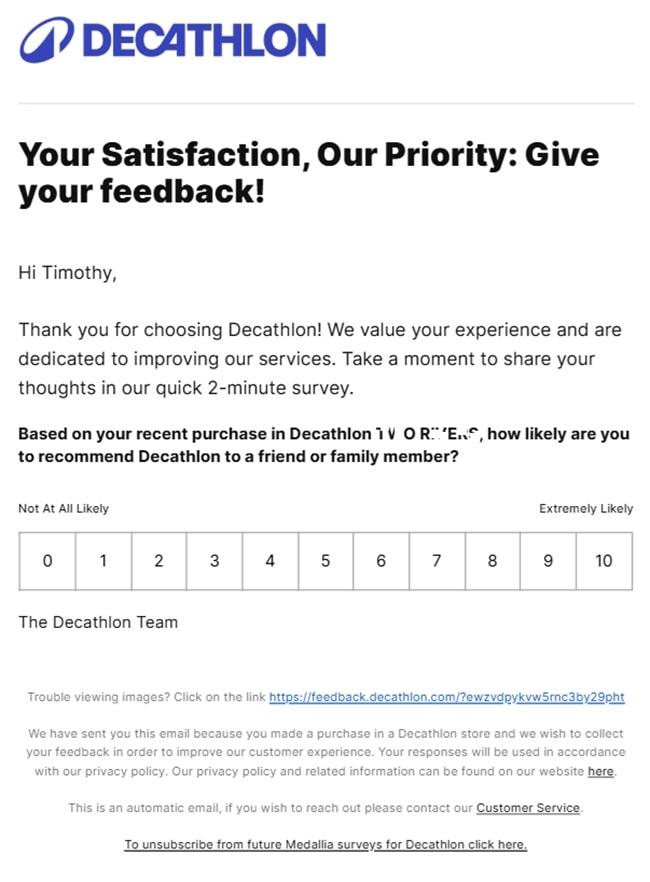 Decathlon feedback email example showing simple rating system and quick survey questions for customer experience collection